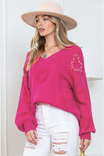 Load image into Gallery viewer, Rose Red Pearl Embellished Fuzzy Hearts V Neck Sweater