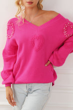 Load image into Gallery viewer, Rose Red Pearl Embellished Fuzzy Hearts V Neck Sweater