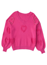 Load image into Gallery viewer, Rose Red Pearl Embellished Fuzzy Hearts V Neck Sweater