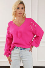 Load image into Gallery viewer, Rose Red Pearl Embellished Fuzzy Hearts V Neck Sweater