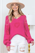 Load image into Gallery viewer, Rose Red Pearl Embellished Fuzzy Hearts V Neck Sweater
