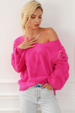 Load image into Gallery viewer, Rose Red Pearl Embellished Fuzzy Hearts V Neck Sweater