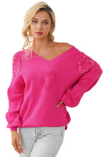 Load image into Gallery viewer, Rose Red Pearl Embellished Fuzzy Hearts V Neck Sweater