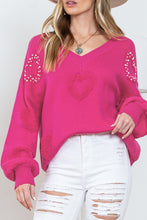 Load image into Gallery viewer, Rose Red Pearl Embellished Fuzzy Hearts V Neck Sweater