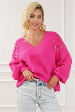 Load image into Gallery viewer, Rose Red Pearl Embellished Fuzzy Hearts V Neck Sweater