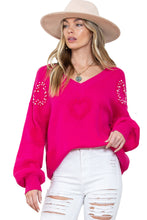 Load image into Gallery viewer, Rose Red Pearl Embellished Fuzzy Hearts V Neck Sweater