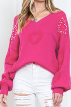 Load image into Gallery viewer, Rose Red Pearl Embellished Fuzzy Hearts V Neck Sweater