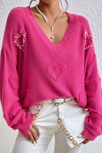 Load image into Gallery viewer, Rose Red Pearl Embellished Fuzzy Hearts V Neck Sweater