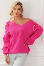 Load image into Gallery viewer, Rose Red Pearl Embellished Fuzzy Hearts V Neck Sweater