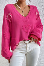 Load image into Gallery viewer, Rose Red Pearl Embellished Fuzzy Hearts V Neck Sweater