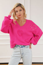 Load image into Gallery viewer, Rose Red Pearl Embellished Fuzzy Hearts V Neck Sweater