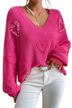 Load image into Gallery viewer, Rose Red Pearl Embellished Fuzzy Hearts V Neck Sweater