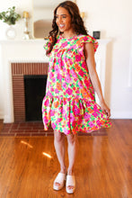 Load image into Gallery viewer, Be Charming Lime &amp; Pink Floral Print Tiered Ruffle Sleeve Dress