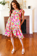 Load image into Gallery viewer, Be Charming Lime &amp; Pink Floral Print Tiered Ruffle Sleeve Dress