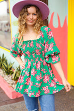 Load image into Gallery viewer, Sumptuous In Smocked Green &amp; Coral Flower Print Babydoll Top