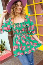 Load image into Gallery viewer, Sumptuous In Smocked Green &amp; Coral Flower Print Babydoll Top