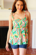 Load image into Gallery viewer, Sunny Days Orange &amp; Green Geo Smocked Shoulder Tie Top