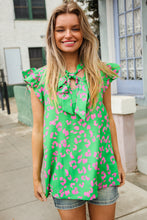 Load image into Gallery viewer, Be Bold Green Animal Print Bow Tie Flutter Sleeve Top