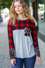 Load image into Gallery viewer, All Of Me Grey &amp; Red Plaid Animal Print Pocketed Top