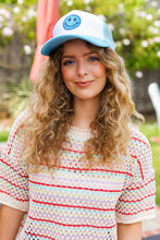 Load image into Gallery viewer, Baby Blue Glitter Smiley Face Mesh Trucker Hat