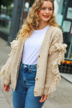 Load image into Gallery viewer, Weekend Ready Oatmeal V Neck Fringe Chunky Cable Cardigan