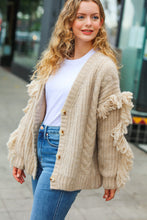 Load image into Gallery viewer, Weekend Ready Oatmeal V Neck Fringe Chunky Cable Cardigan
