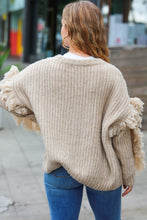 Load image into Gallery viewer, Weekend Ready Oatmeal V Neck Fringe Chunky Cable Cardigan