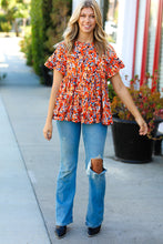Load image into Gallery viewer, Rust &amp; Chocolate Floral Frill Ruffle Hem Tiered Swing Top