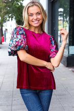 Load image into Gallery viewer, Diva Dreams Wine Floral Sequin Puff Sleeve Velvet Top