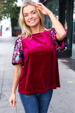 Load image into Gallery viewer, Diva Dreams Wine Floral Sequin Puff Sleeve Velvet Top