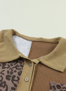 Leopard Patchwork Waffle Knit Buttoned Blouse