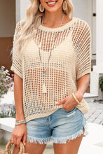 Load image into Gallery viewer, Apricot Fishnet Knit Ribbed Round Neck Short Sleeve Tee