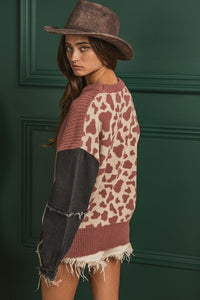 MIXED PATTERN RAW EDGE DENIM SLEEVE SWEATER