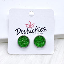 Load image into Gallery viewer, Green Sparkle Singles in Stainless Steel Settings -Earrings