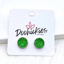 Load image into Gallery viewer, Green Sparkle Singles in Stainless Steel Settings -Earrings