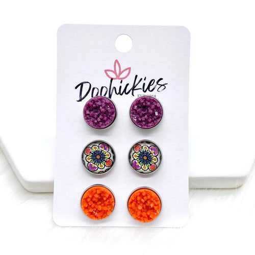 12mm Plum/Boho Autumn Flower/Orange in Stainless Steel Settings -Fall Stud Earrings