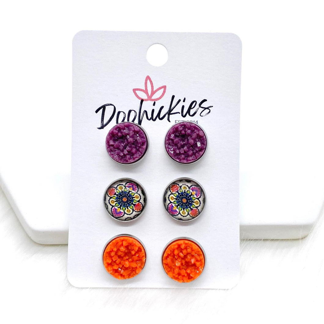 12mm Plum/Boho Autumn Flower/Orange in Stainless Steel Settings -Fall Stud Earrings