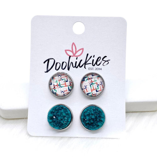 12mm Teal/Mauve/Navy Geo & Teal Crystals in Stainless Steel Settings -Fall Stud Earrings