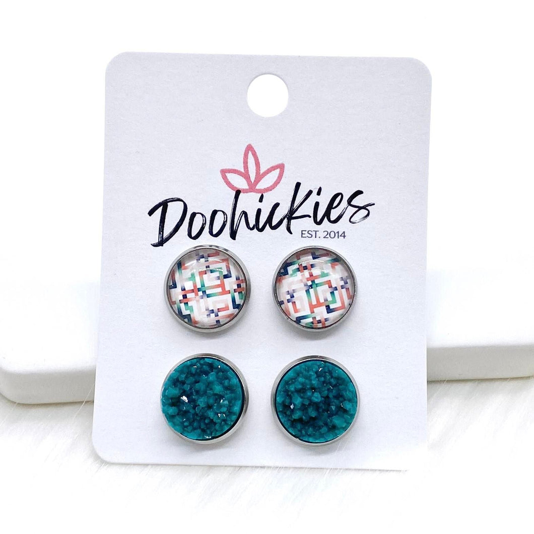 12mm Teal/Mauve/Navy Geo & Teal Crystals in Stainless Steel Settings -Fall Stud Earrings