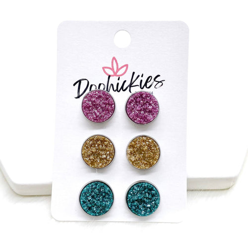 12mm Lilac/Champagne/Teal Glitter in Stainless Steel Settings -Earrings
