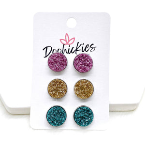 12mm Lilac/Champagne/Teal Glitter in Stainless Steel Settings -Earrings