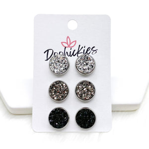 12mm Silver/Gunmetal/Black in Stainless Steel Settings -Earrings