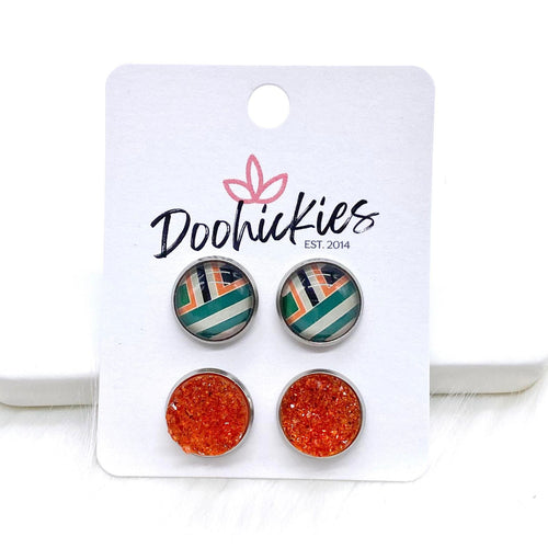12mm Green Geometric Stripes & Orange Sparkles in Stainless Steel Settings -Earrings