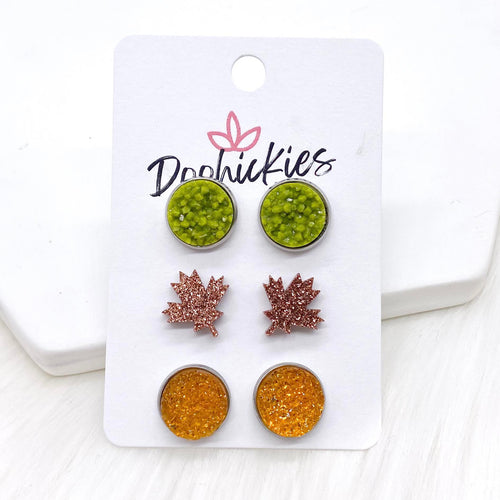 12mm Moss/Leaf/Autumn Yellow Sparkles in Stainless Steel Settings -Fall Stud Earrings