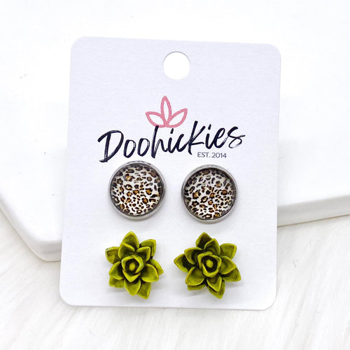 12mm Tan Leopard & Moss Succulents in Stainless Steel Settings -Fall Stud Earrings