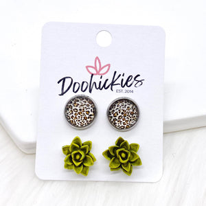 12mm Tan Leopard & Moss Succulents in Stainless Steel Settings -Fall Stud Earrings