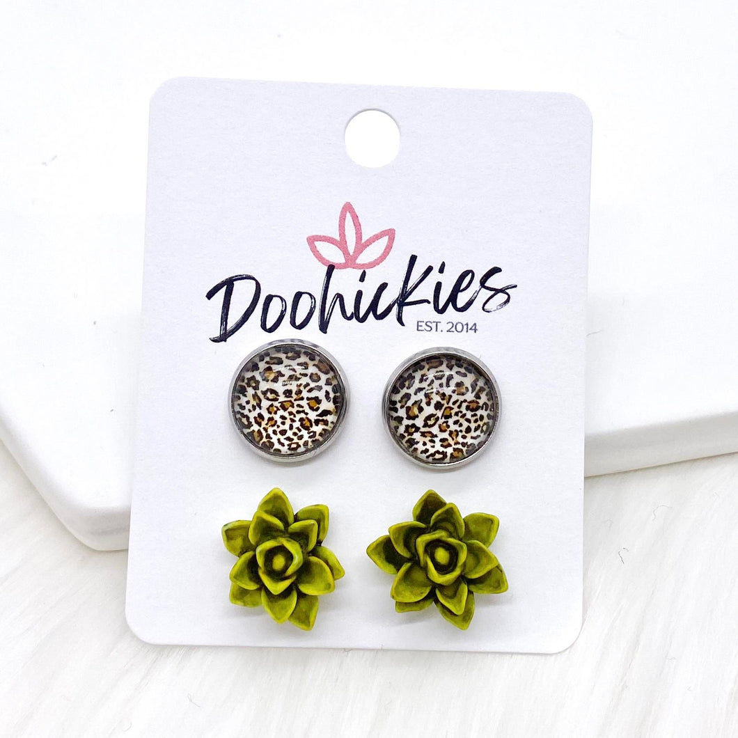 12mm Tan Leopard & Moss Succulents in Stainless Steel Settings -Fall Stud Earrings