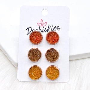 12mm Autumn Orange/Toasted Marshmallow/Yellow in Rose Gold Settings -Fall Earrings