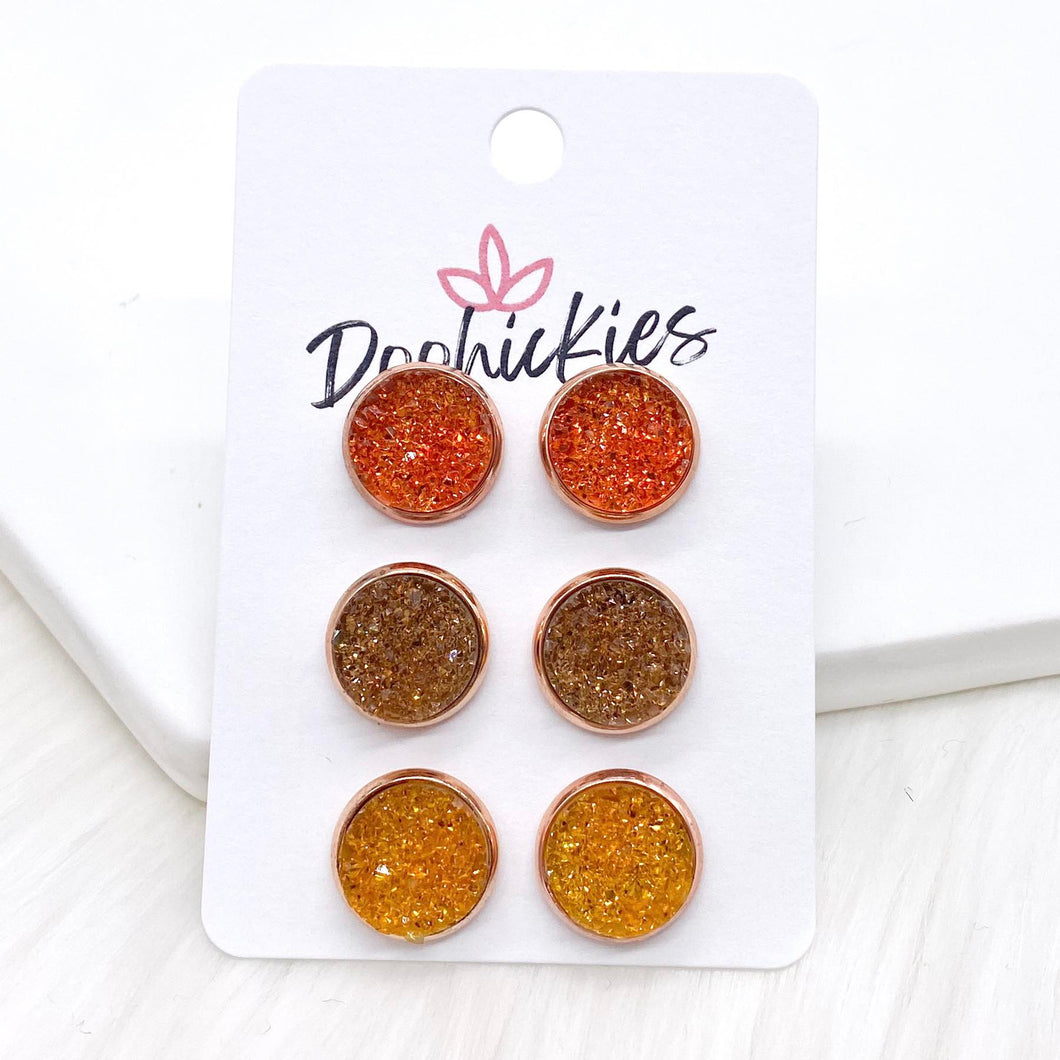 12mm Autumn Orange/Toasted Marshmallow/Yellow in Rose Gold Settings -Fall Earrings