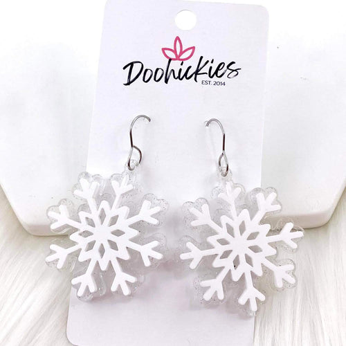 1.5 White Shimmer Snowflake -Christmas Acrylic Earrings